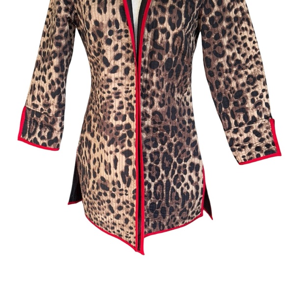 PATTY KIM Leopard Print Quilted Open Front Red Trimmed Jacket Coat - XS - Picture 3 of 9
